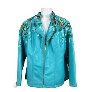 Colleen Lopez Teal Floral Embroidered Faux Leather Jacket